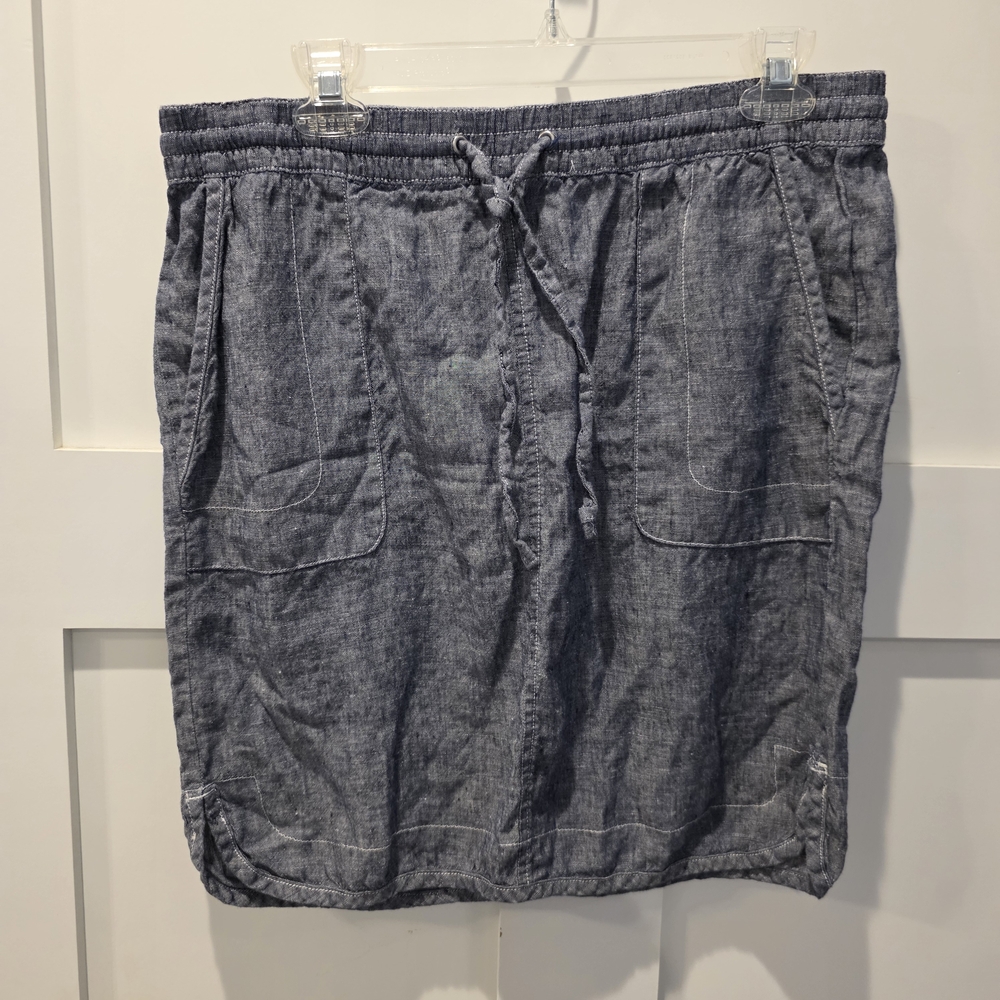 LORD & TAYLOR 100% LINEN Women Medium Blue Chambray Pull-on Pocket Skirt coastal